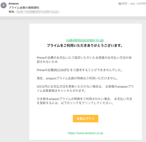 フィッシングメール情報「プライム会員の満期通知」