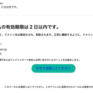 フィッシングメール情報「ドメイン名の有効期限は 2 日以内です。」