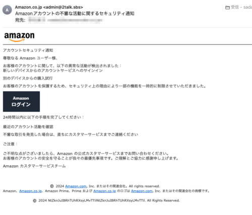 フィッシングメール情報「Amazonアカウントの不審な活動に関するセキュリティ通知」