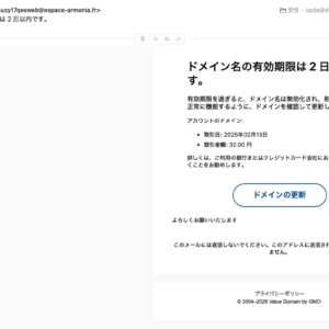 フィッシングメール情報「ドメイン名の有効期限は 2 日以内です。」