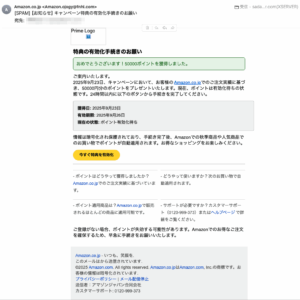 フィッシングメール情報「【お知らせ】キャンペーン特典の有効化手続きのお願い」